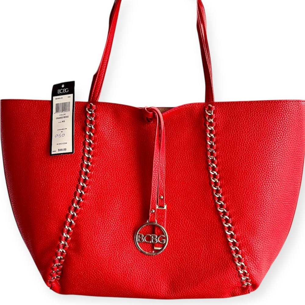 BCBG Paris Large Tote Orange and Beige Gold Chain Detail NWT